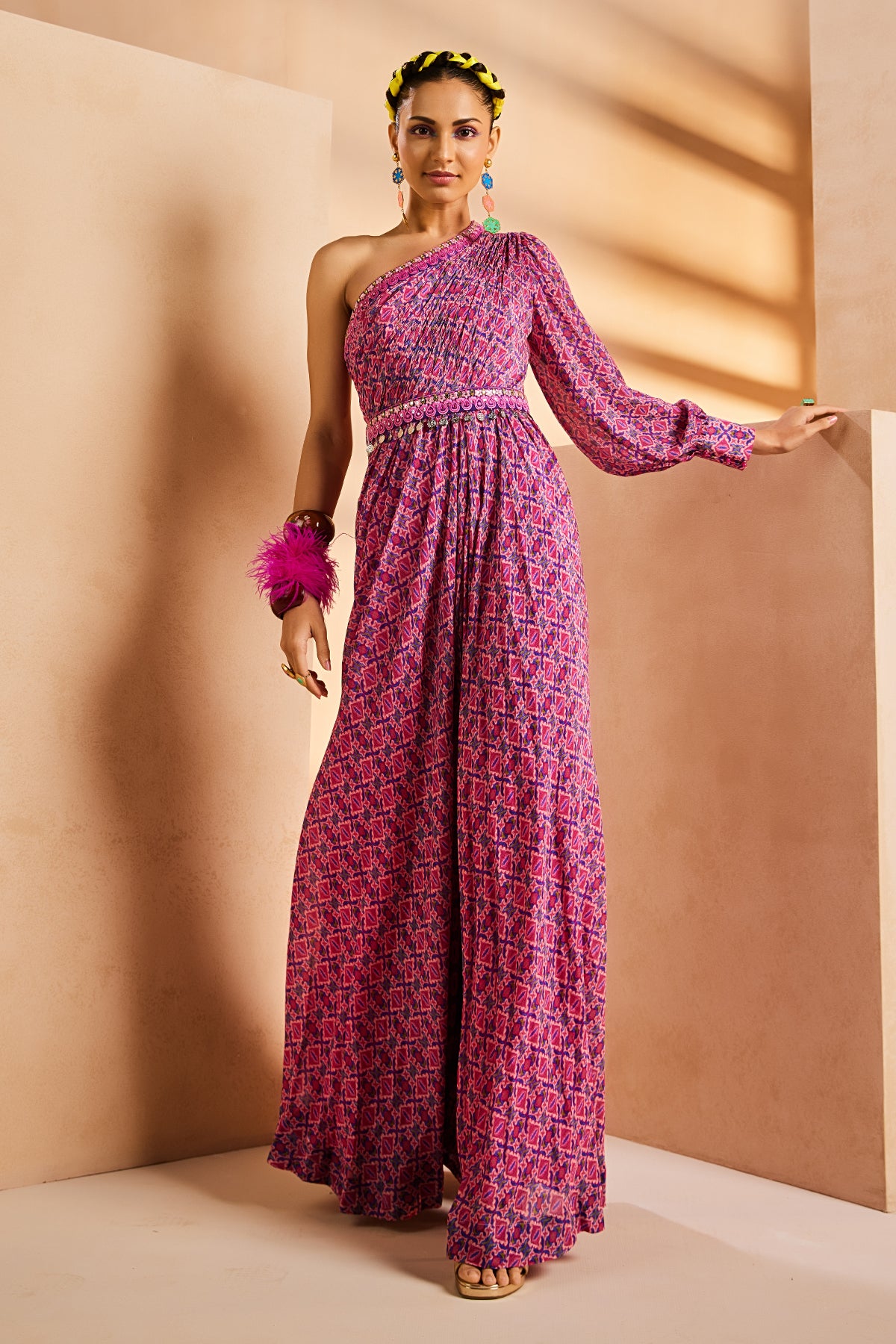 Shop Multicolor Flared Jumpsuit Online in USA with Embroidered Belt – Pure  Elegance